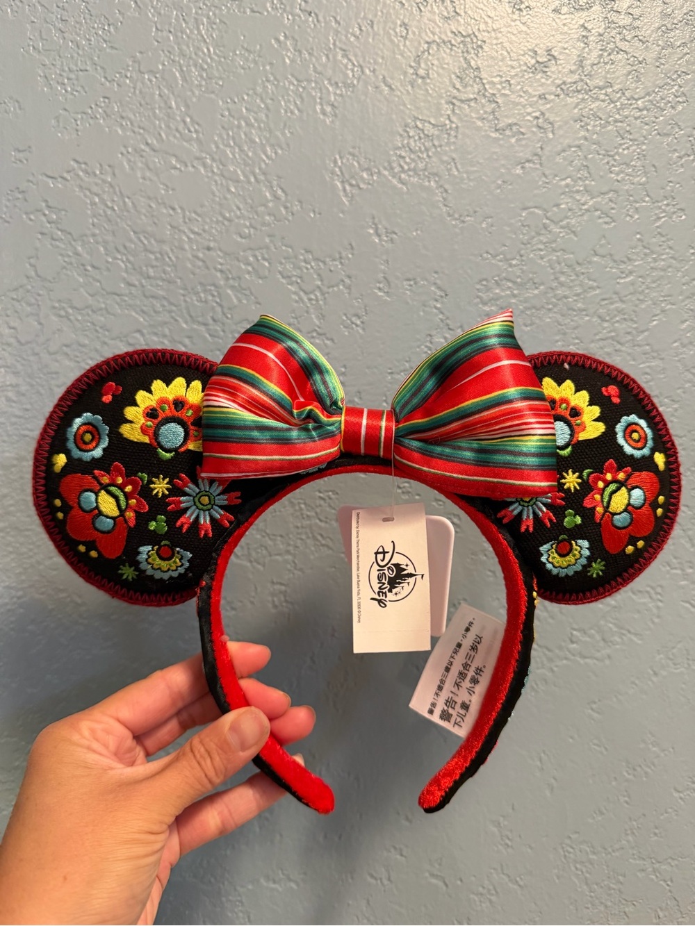 Disney Girls Black Floral Embroidered Minnie Ear Headband with Red Striped Bow